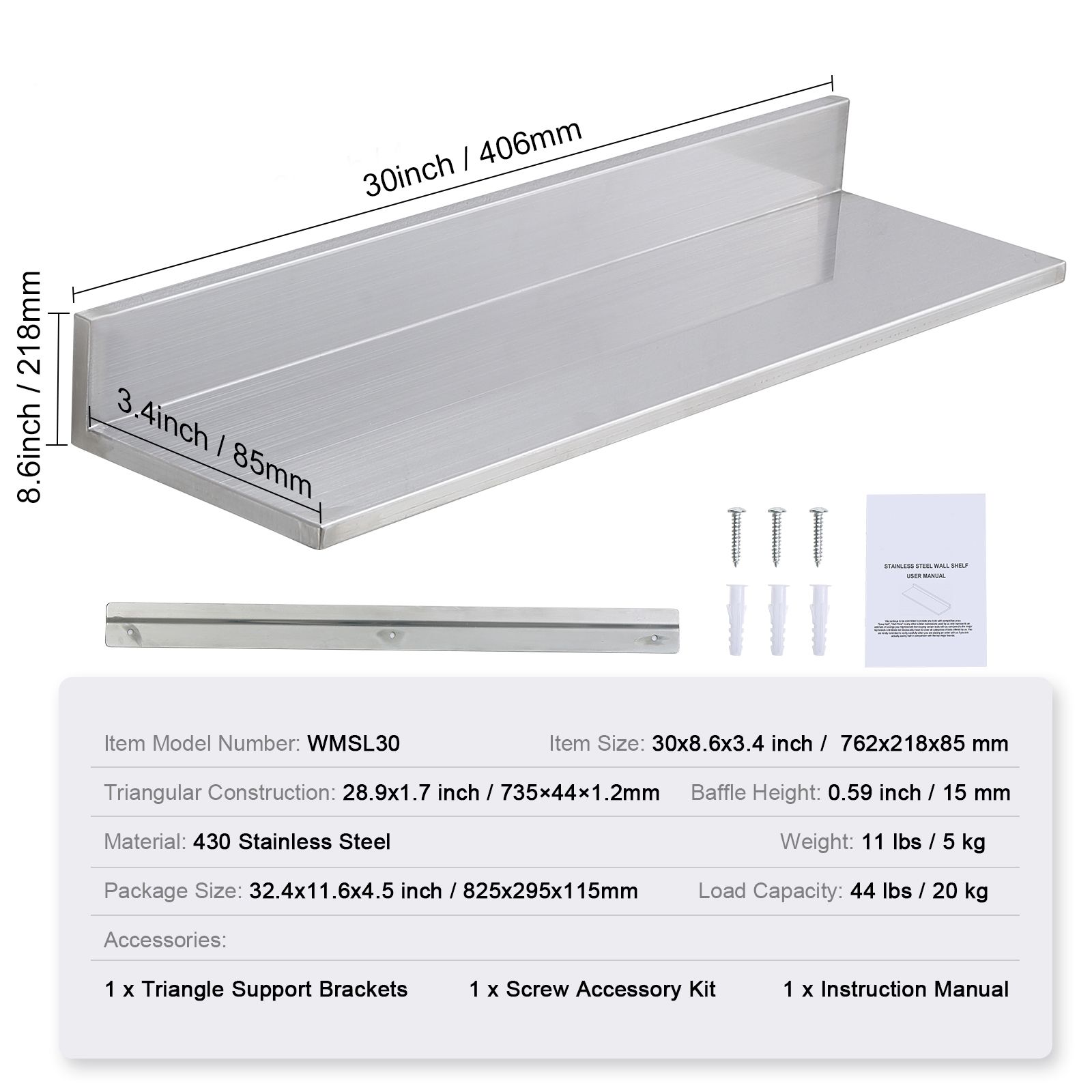 Commercial Kitchen Backsplash - Półka ze stali nierdzewnej 22 cm